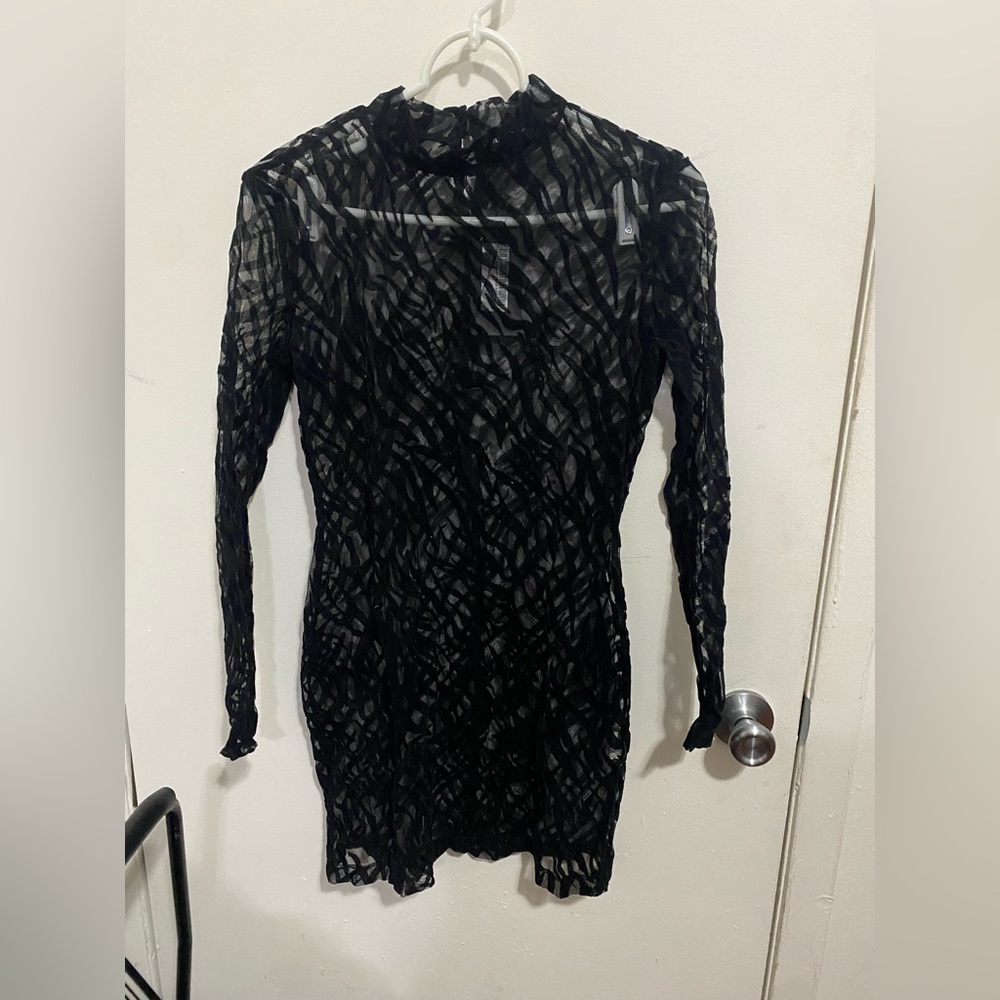Black Sheer Burnout Long Sleeve Zebra Bodycon Dress